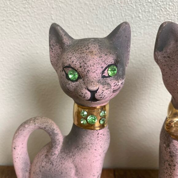 Pair (2) MCM Bisque Porcelain Pink‎ Siamese Cat Figurines Gold Rhinestones eyes - Picture 8 of 8